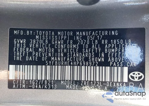 2017 Toyota Corolla Le из США, поврежденный, VIN 5YFBURHE4HP698972